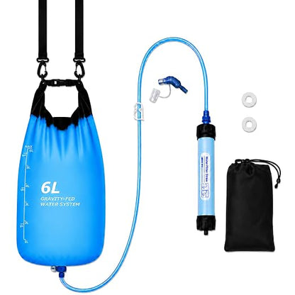 Gravity Water Filter System, TPU Water Purifier Bag, 0.01 Micron Ultrafiltration, 4000L Lifespan, BPA-Free Portable Water Filtration for Camping, Backpacking, Survival Gear (1.6 Gallon/6L)