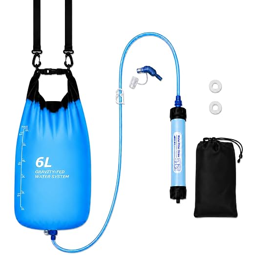 Gravity Water Filter System, TPU Water Purifier Bag, 0.01 Micron Ultrafiltration, 4000L Lifespan, BPA-Free Portable Water Filtration for Camping, Backpacking, Survival Gear (1.6 Gallon/6L)