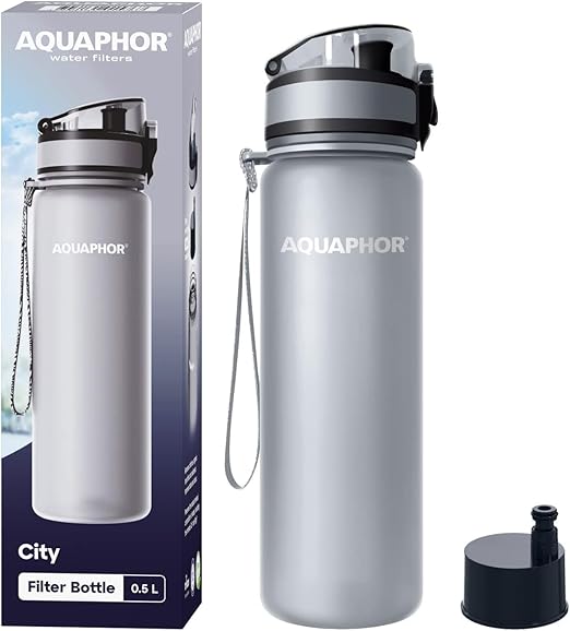 AQUAPHOR City Water Filter Bottle 500 ml | Portable Filtered Water Bottle with Integrated Water Purifier | BPA-Free | Reusable Bottle with Water Filter for Camping, Travel & Outdoor Use | Grey
