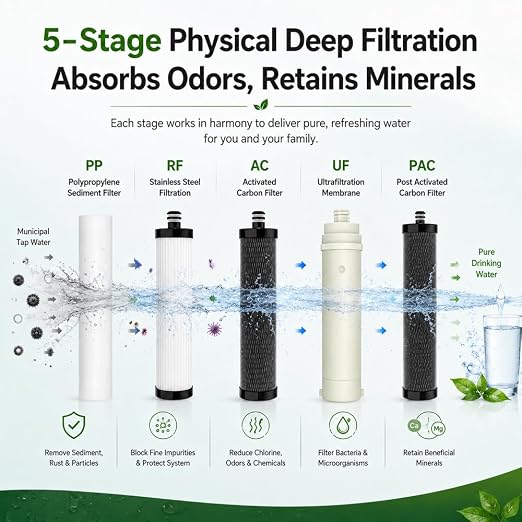 MapleRun 0.01μm Ultra Filtration Under Sink Water Filtration System, 304 Stainless Steel Water Purifier, High Flow Drinking Water Filter for Kitchen Sink, No Electricity Needed