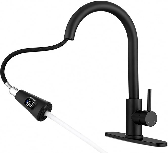 HOMELODY LED Temperature Display Black Kitchen Faucet with Pull Down Sprayer - Matte Black Single Handle Kitchen Sink Faucet, High Arc 304 Stainless Steel Design for RV Laundry Farmhouse Bar