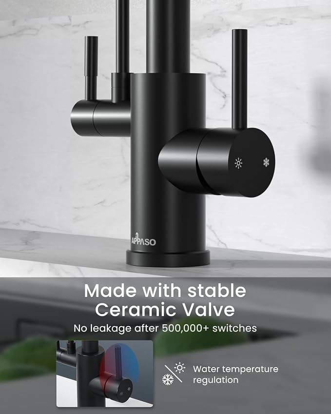 APPASO 3 Way Black Kitchen Faucet with Water Filler | NSF/ANSI/CAN 372 & Lead-free Faucet with Water Filter, 3 in 1 Drinking Sink Faucets Matte Black (Without Filtration Device)