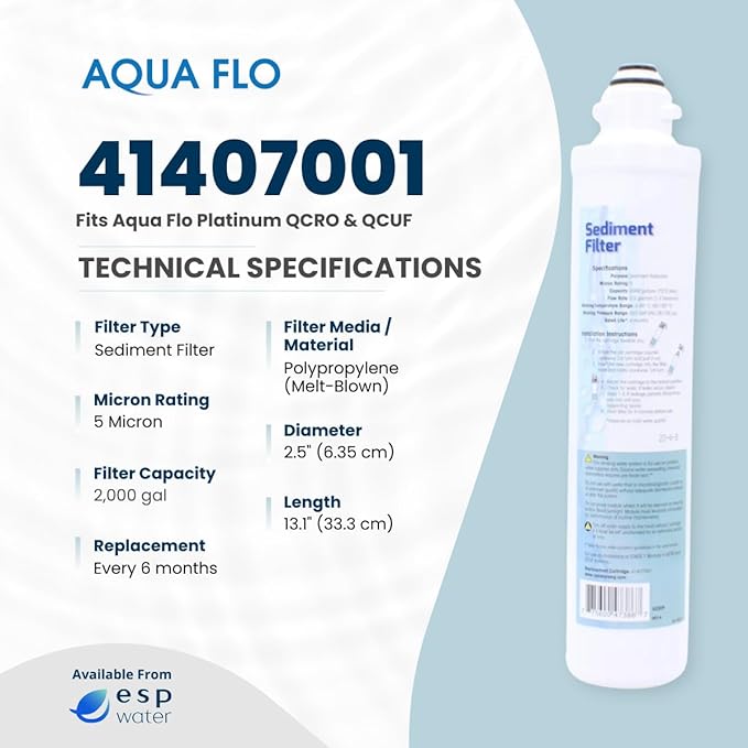 Aqua Flo 41407001 Sediment Filter – Quick Change Pre-Filter for Aqua Flo Platinum QCRO 4-Stage RO Systems – 5 Micron, High-Performance Cartridge, Easy Twist-Lock Install
