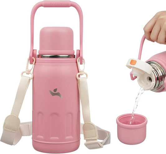 Konokyo Insulated Water Bottle with Handle and Strap,Vacuum Travel Tumbler with Cup Lid,Thermo Coffee Cup for Hot Cold Drinks 27 OZ,Pink