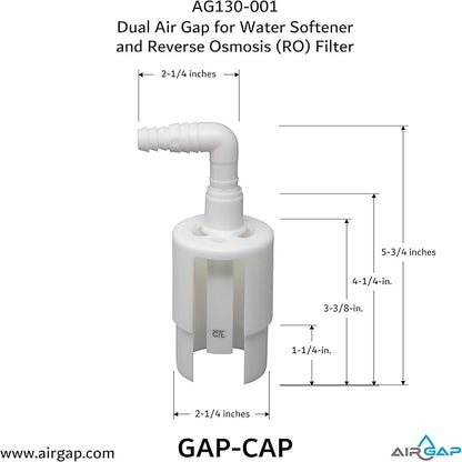 Dual Air Gap for Water Softener and Reverse Osmosis with 5/8 or 1/2-inch and 3/8 or 1/4-inch inlets, 1-1/2 or 2-inch Standpipe (8500, GAP-CAP, AG130-001)