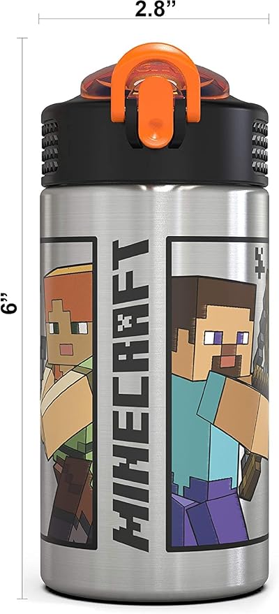 Zak Designs Minecraft - 15.5 oz Singal Wall Stainless Steel Water Bottle with One Hand Operation Action Lid and Built-in Carrying Loop, with Straw Spout is Perfect for Kids (Small)