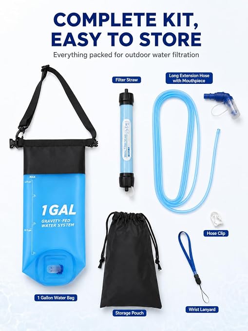 Gravity Water Filter System, TPU Water Purifier Bag, 0.01 Micron Ultrafiltration, 4000L Lifespan, BPA-Free Portable Water Filtration for Camping, Backpacking, Survival Gear (1 Gallon)