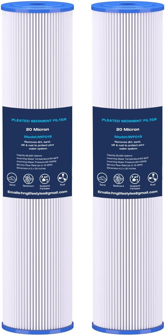 H&G Lifestyles 20" x 4.5" 20 Micro Whole House Pleated Sediment Water Filter for Well Water, Compatible with ECP20-20BB, AP810-2, SPC-45-2020, R30-20BB, HDC3001, ECP5-20BB,SPC-45-2005