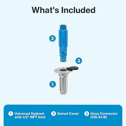 Aquor Universal Hydrant – Stainless Steel Flush-Mount Outdoor Faucet – Push-Twist Quick-Connect with Check Valve, Leak-Free, Universal Water Inlet for Decks and DIY, 1/2" NPT (f) x 3/4" GHT (m)