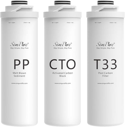 SimPure T1 Series 6-Month Replacement Filter Cartridge Pack Set for Model T1-100, T1-400UV (1*PP + 1*CTO + 1*T33)
