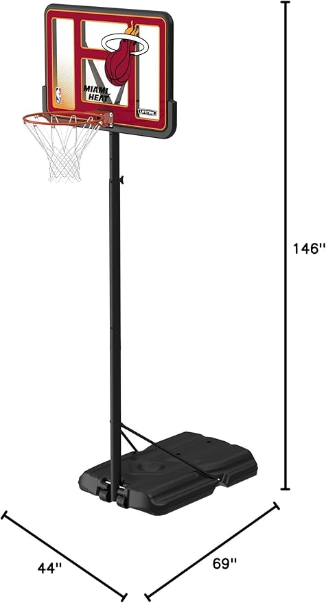Lifetime NBA Miami Heat Portable Basketball Hoop, Adjustable Height 7.5-10 Ft, 44 Inch Shatterproof Fusion Backboard, Base with Wheels