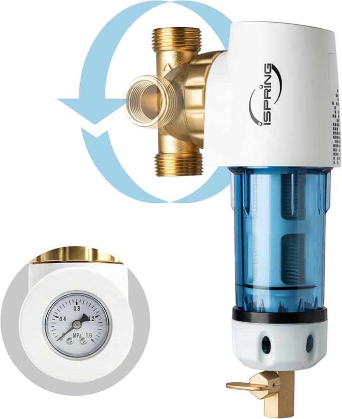 iSpring WSP100GR Reusable Spin Down Sediment Water Filter 100 Micron with Built-in Housing Scraper, 360° Rotatable Head, Pressure Gauge, Blue