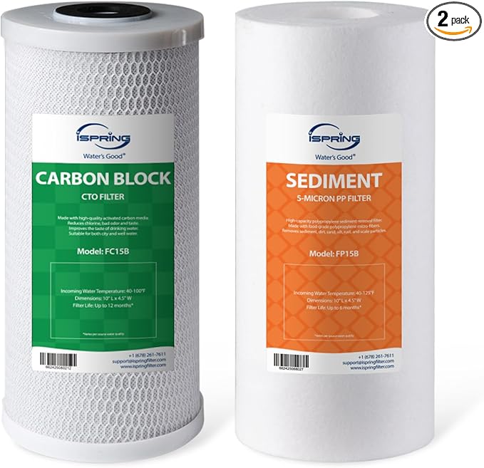 iSpring F2WGB21B Whole House 4.5"x10" Water Filtration High Capacity Sediment and CTO Carbon Block Water Filter Replacement Cartridge Pack Set, Model: WGB21B