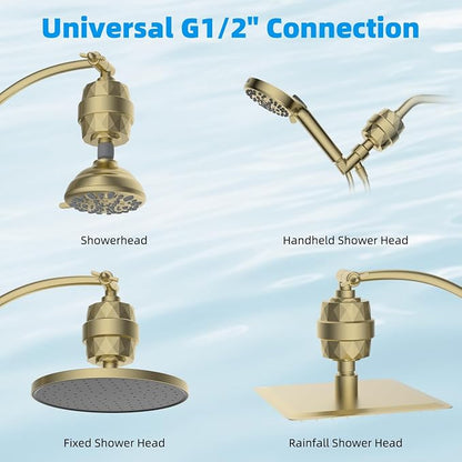 Hibbent Shower Filter for Hard Water, High Output Shower Head Filter to Remove Chlorine and Fluoride, 20 Stage Showerhead Filter with Vitamin C, Reduces Dry Itchy Skin, and Eczema, Brass Gold