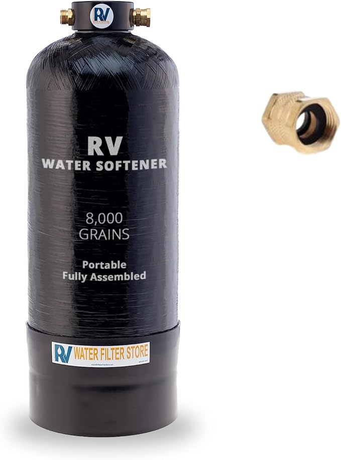 Essential RV Water Softener Portable 8,000 Grain, 3/4" Fittings, Softens Hard Water for RV's Vanlife Nomads Boondockers, New Lighter & Compact Model Easy Storage