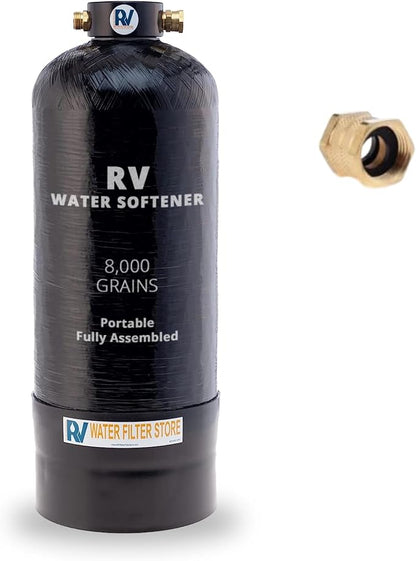 Essential RV Water Softener Portable 8,000 Grain, 3/4" Fittings, Softens Hard Water for RV's Vanlife Nomads Boondockers, New Lighter & Compact Model Easy Storage