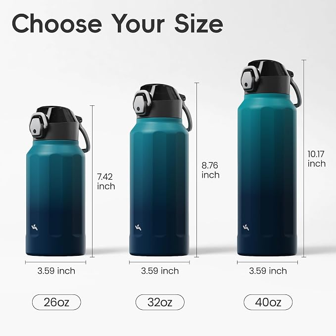 Konokyo FLOWPLAY 26oz Locking Push-Button Water Bottle with Silicone Spout,Leak-Proof,18/8 Stainless Steel Double-Wall Vacuum Insulated for Sports and Travel,BPA-Free,Sea
