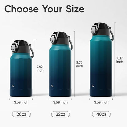 Konokyo FLOWPLAY 26oz Locking Push-Button Water Bottle with Silicone Spout,Leak-Proof,18/8 Stainless Steel Double-Wall Vacuum Insulated for Sports and Travel,BPA-Free,Sea