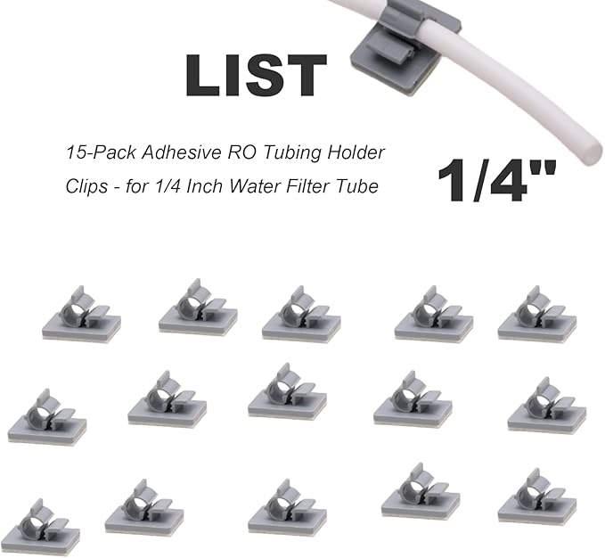 15-Pack Adhesive RO Tubing Holder Clips - for 1/4 Inch Water Filter Tube, Cable Management Mounts for Reverse Osmosis System, Refrigerator, Under Sink Organization (1/4 inch RO Tubing Mounting Clips)