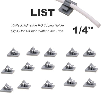 15-Pack Adhesive RO Tubing Holder Clips - for 1/4 Inch Water Filter Tube, Cable Management Mounts for Reverse Osmosis System, Refrigerator, Under Sink Organization (1/4 inch RO Tubing Mounting Clips)