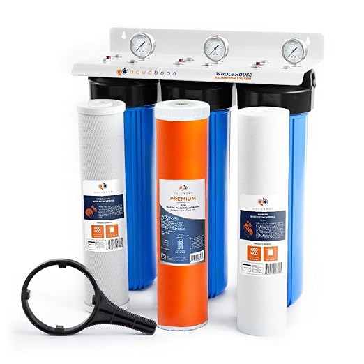 Aquaboon 3-Stage Whole House Water Filter System with 5 Micron 20x4.5 Reducing Sediment and KDF Heavy Metals Water Filter Purification Cartrige, Pressure Gauges, Wrench, Bracket