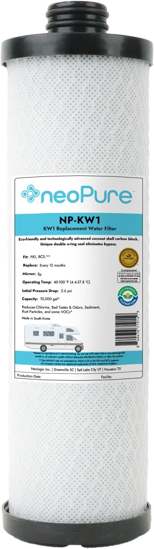 Neo-Pure KW1 Replacement Filter Cartridge – Compatible with Select Under-Sink Filtration Systems, Carbon Block Water Filter for RCS/FR1 Housings in Forest River Campers, Boats, and RVs