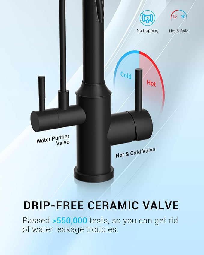 DAYONE Matte Black Kitchen Faucet with Drinking Purfied Water Faucet, 3 Holes High Arc 3 in 1 Sink Tap Stainless Steel, Two-Handle 3-Way Pull Down Sprayer, (Without System)