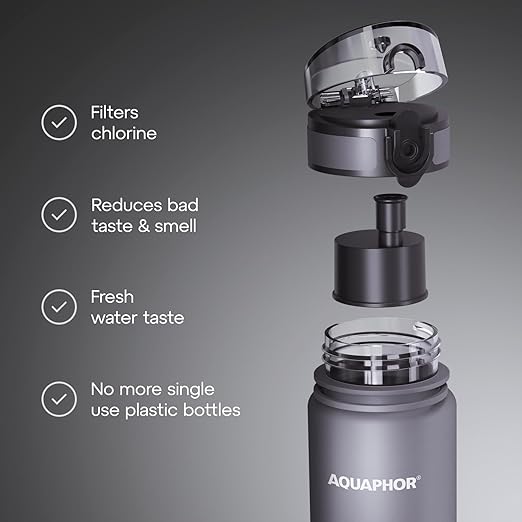 AQUAPHOR City Water Filter Bottle 500 ml | Portable Filtered Water Bottle with Integrated Water Purifier | BPA-Free | Reusable Bottle with Water Filter for Camping, Travel & Outdoor Use | Grey