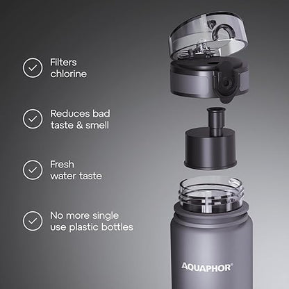 AQUAPHOR City Water Filter Bottle 500 ml | Portable Filtered Water Bottle with Integrated Water Purifier | BPA-Free | Reusable Bottle with Water Filter for Camping, Travel & Outdoor Use | Grey