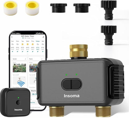 Smart Water Sprinkler Timer with 2 Outlets (2 Zone Smart Water Timer Dark Gray-Brass Inlet & Brass Outlet)
