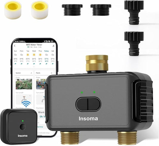 Smart Water Sprinkler Timer with 2 Outlets (2 Zone Smart Water Timer Dark Gray-Brass Inlet & Brass Outlet)
