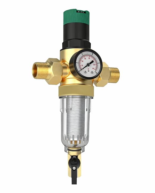 Water Pressure Regulator, with Spin Down Sediment Filter & Gauge for Home, 50 Micron, 1.25" MNPT + 1" FNPT + 1" MNPT, Heavy Duty Brass