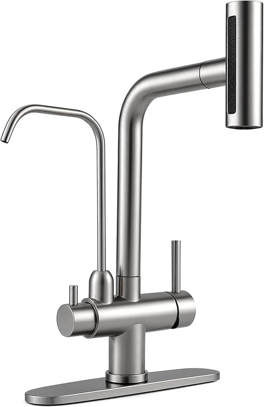 Waterfall Kitchen Faucet with Water Filter,Upgraded Separate Drinking Water 2 Handle Kitchen Faucet with Pull Down Sprayer, Brushed Nickel 3 in 1 Sink Faucets, Without Water Filtration Device