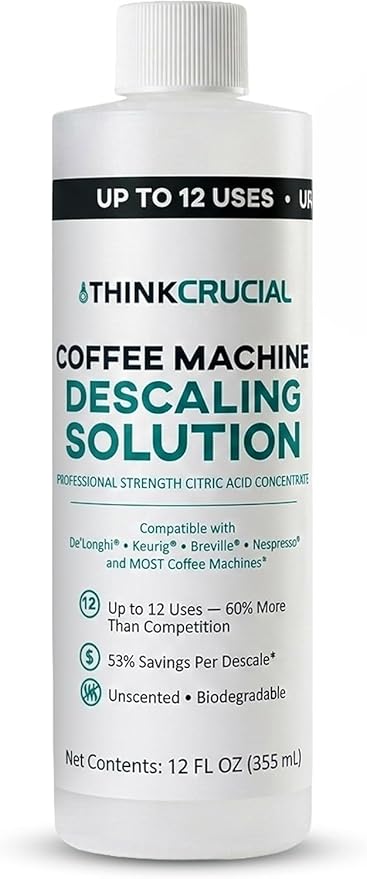 Think Crucial Professional Strength Citric Acid Coffee Machine Descaler – 12 FL OZ – Up to 12 Uses – Universal Concentrate – Compatible with De'Longhi®, Keurig®, Breville®, Nespresso® & Most Machines