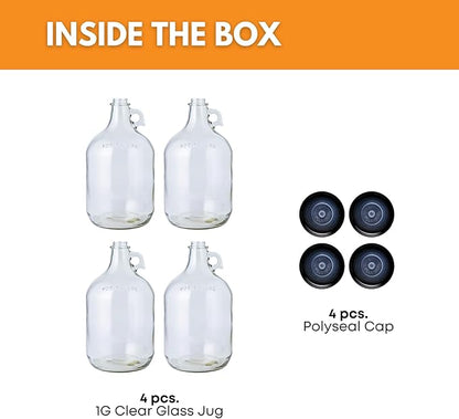 Fastrack 4-Pack 1 Gallon Glass Jug Set (128 oz) w/ Polyseal Caps | Multipurpose 1 Gallon Jug, & Detergent Dispenser for Laundry, Glass Jar for Liquids, Water & Juice