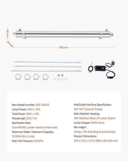 VEVOR Purifier UV Water, 55 W, 12 GPM, 110 V, Versatile Ultraviolet Water Purification Filter with Stainless Steel housing, UV Water Filter for The Whole House with Quartz Sleeve