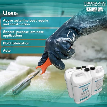 Fiberglass Warehouse Polyester Laminating Resin Marine Grade 4 Gallon | Catalyst Included, Fiberglass & Wood Repair, Boat Decks & RV, Auto Composite Projects, General Purpose