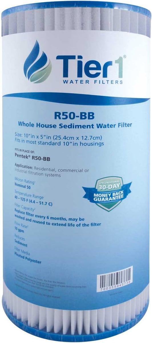 Tier1 50 Micron 10 x 4.5 Water Filter | Pleated Polyester Whole House Sediment Filter Cartridge | Replacement for Pentek R50-BB, 155053-43, SPC-45-1050 | High Flow 4.5 x 10 Water Pre-Filter