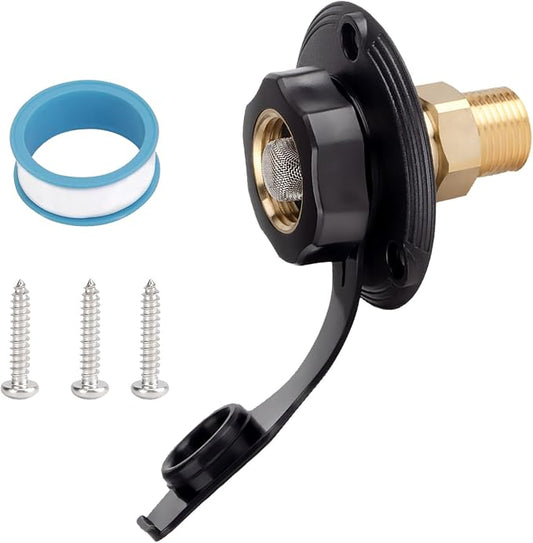 BFXM RV City Water Inlet with Check Valve – RV Water Inlet Connection, RV Water Fill Inlet with 3/4" NH Female to 1/2" NPT Male, Ideal for RV Accessories, Travel Trailers, Camping, and Boats in Black