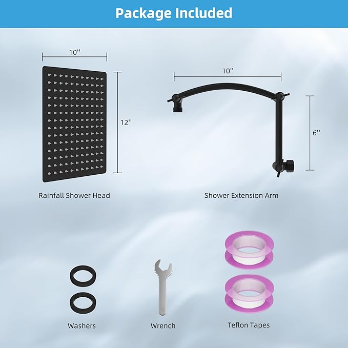 Hibbent All Metal cUPC Certified Rain Shower Head, 12'' High Pressure Rainfall Showerhead with 16" Shower Head Extension Arm, Solid Brass Adjustable Shower Arm Extender, fixed Showerheads, Matte Black