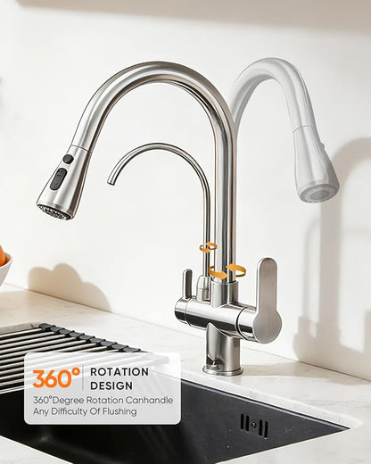 WANFAN Kitchen Sink Faucet with Pull Down Sprayer 2 Handle 3 in 1 Water Filter Purifier Faucets Brushed Nickel 0195SN