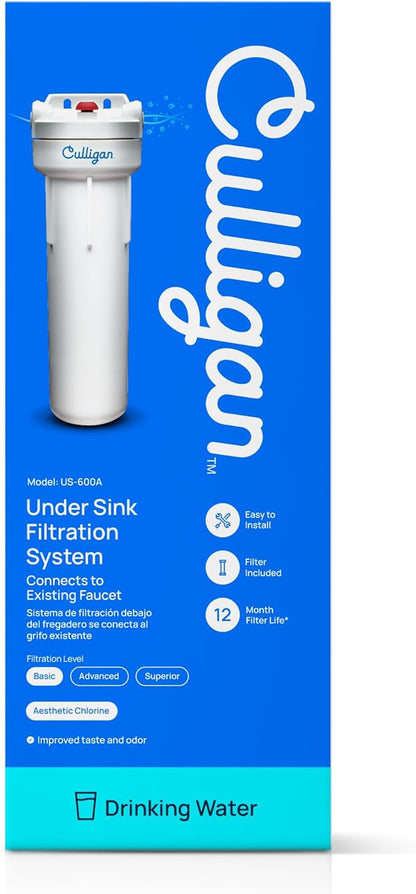 Culligan US-600A Under-Sink Water Filtration System - Water Filter Reduces Chlorine Taste & Odor - Includes D-20A Cartridge, Mounting Hardware & Wrench, 1,000 Gallon Capacity