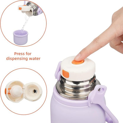 Insulated Water Bottle with Handle and Strap,Vacuum Travel Tumbler with Cup Lid,Thermo Coffee Cup for Hot Cold Drinks 50 OZ,Purple