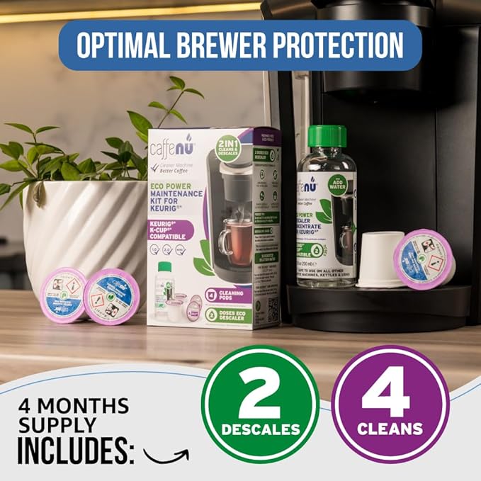 Keurig Compatible Descaling Solution and Keurig Cleaner Pods. Removes Limescale & Cleans Pod Area. Better Tasting & Hotter Coffee. 4 Uses of Descaler & Cleaner.