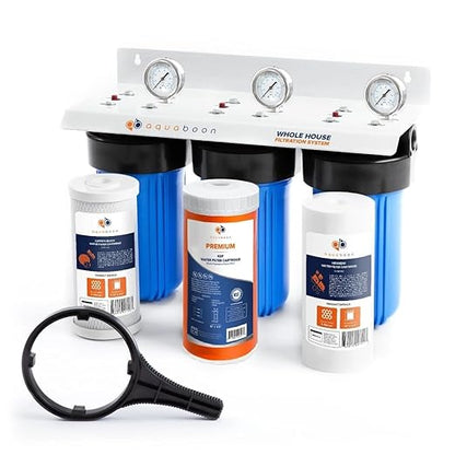 Aquaboon 3-Stage Whole House Water Filtration System with 5 Micron 10x4.5 Reducing Sediment, KDF Heavy Metals and Carbon Chlorine Reduction Water Filter Purification Cartrige, Pressure Gauges, Wrench