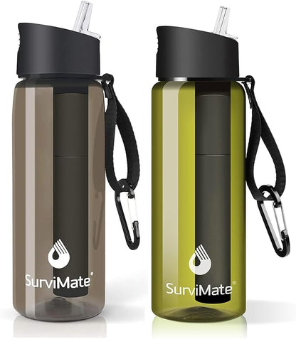 SurviMate Purified Water Bottle for Camping, Hiking, Backpacking and Travel, BPA Free with 5-Stage Intergrated Filter Straw
