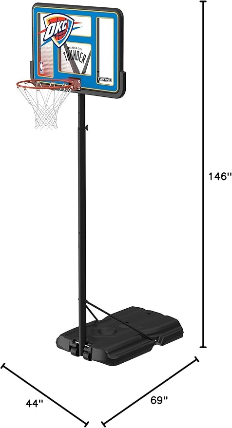 Lifetime NBA Oklahoma City Thunder Portable Basketball Hoop, Adjustable Height 7.5-10 Ft, 44 Inch Shatterproof Fusion Backboard, Base with Wheels