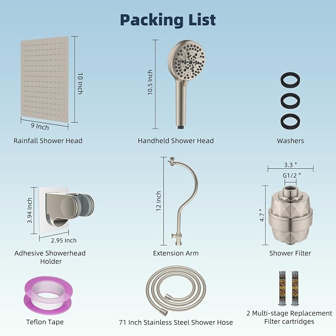 Hibbent All Metal 10'' Filtered Rainfall Shower Head Combo, High Pressure Handheld Shower Head with 12'' Adjustable Curved Extension Arm, 20 Stage Shower Filter, 10-spray, 71'' Hose, Brushed Nickel