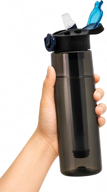 22oz Water Filter Bottle, Portable Outdoor Filtered Water Bottle with Multi-Layer Filtration, Improves Taste & Reduces Odor, BPA-Free Reusable Bottle for Hiking, Camping & Travel (Black)