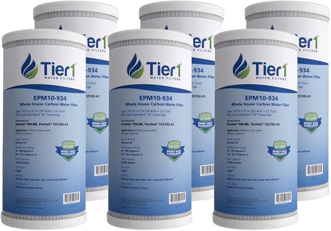 Tier1 10 Micron 10 x 4.5 Water Filter | Whole House Carbon Block Water Filter Replacement Cartridge | Replacement for Pentek EPM-BB, 155782-43, CB-45-1010, EPM10-934 | 4.5 x 10 Water Filter (6-Pack)